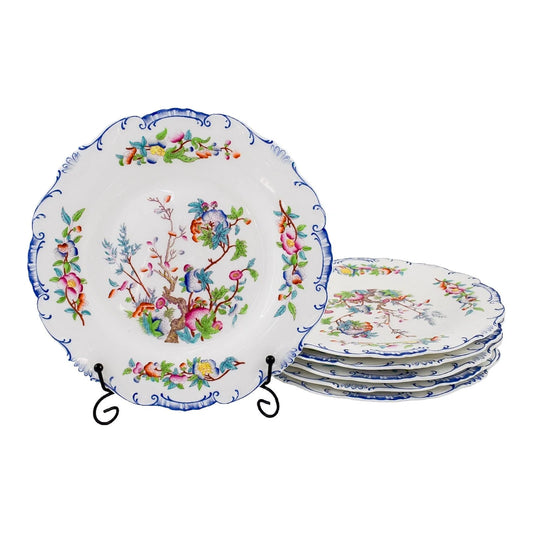 Set of six Victorian Minton porcelain Chinoiserie Indian tree dessert plates, scalloped moulded edges