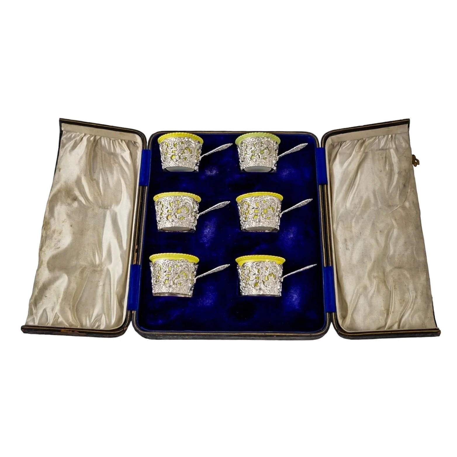 Cased set 6 Victorian porcelain demitasse coffee cups in sterling silver decorative holders, William Comyns