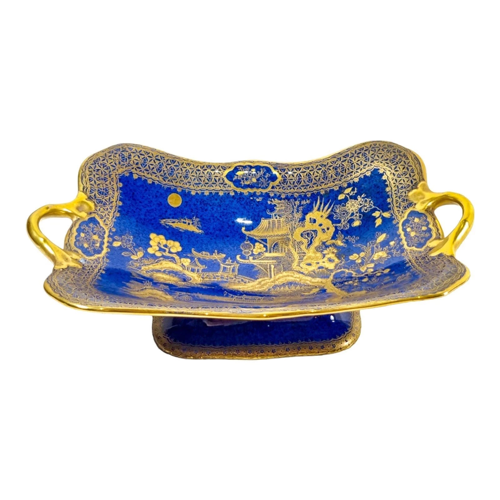 Art Deco Wilton Ware centrepiece two-handled oblong bowl, AG Harley Jones gold and cobalt blue Chinoiserie 5008