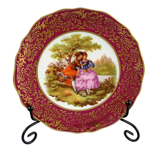 Vintage Meissner Limoges graduated set of 4 miniature fluted plates; courting couples in red and gilt
