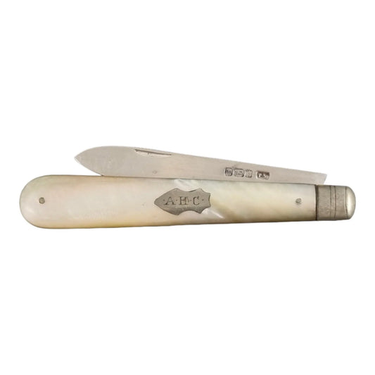 Victorian sterling silver mother-of-pearl large folding pocket pen fruit knife, Thomas Marples 1902