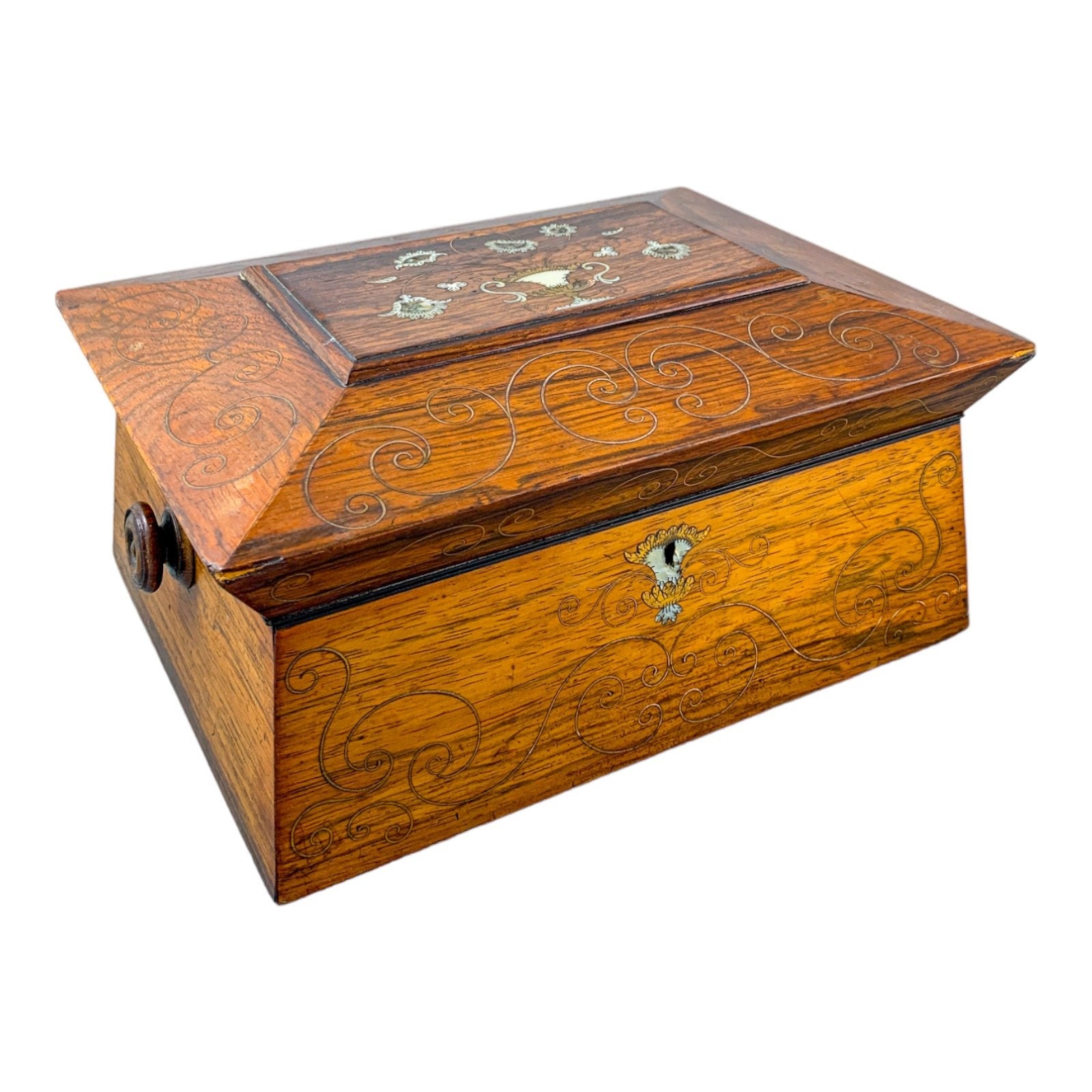 William IV rosewood sarcophagus jewellery box with turned handles and floral mother-of-pearl inlay