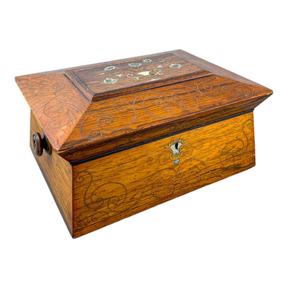 William IV rosewood sarcophagus jewellery box with turned handles and floral mother-of-pearl inlay