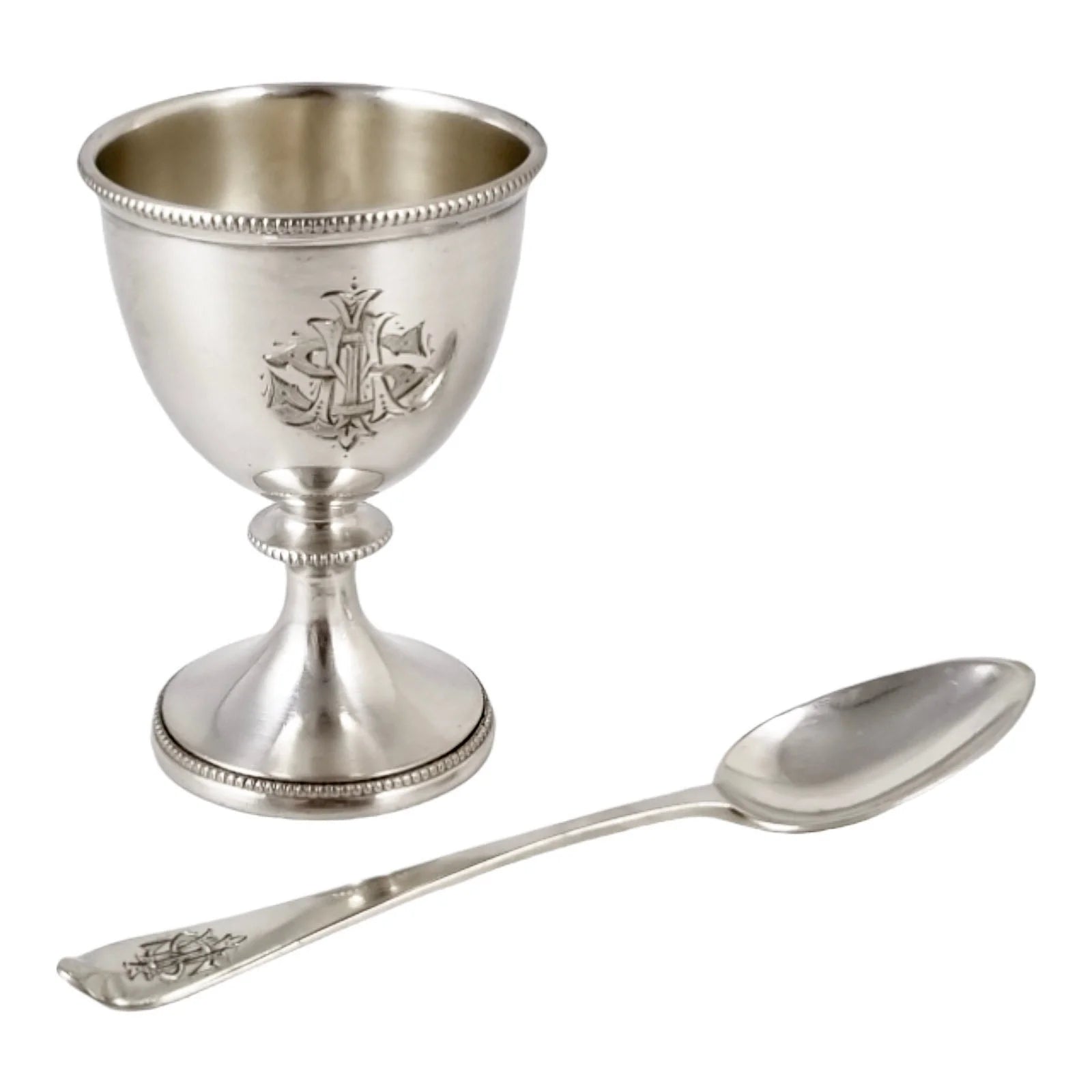 Victorian sterling silver Christening set, egg cup & spoon, fitted silk case, Charles Edward