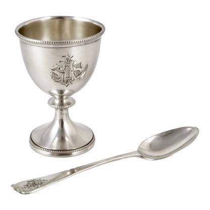 Victorian sterling silver Christening set, egg cup & spoon, fitted silk case, Charles Edward