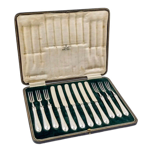 Mappin & Webb sterling silver Art Deco 12pc 6 person dessert fruit cutlery set, 1936
