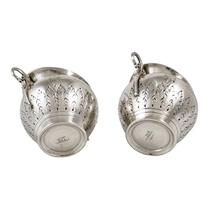 American 19th century P.L. Krider pair of large gilt silver table salts with ram horn handles and palmettes