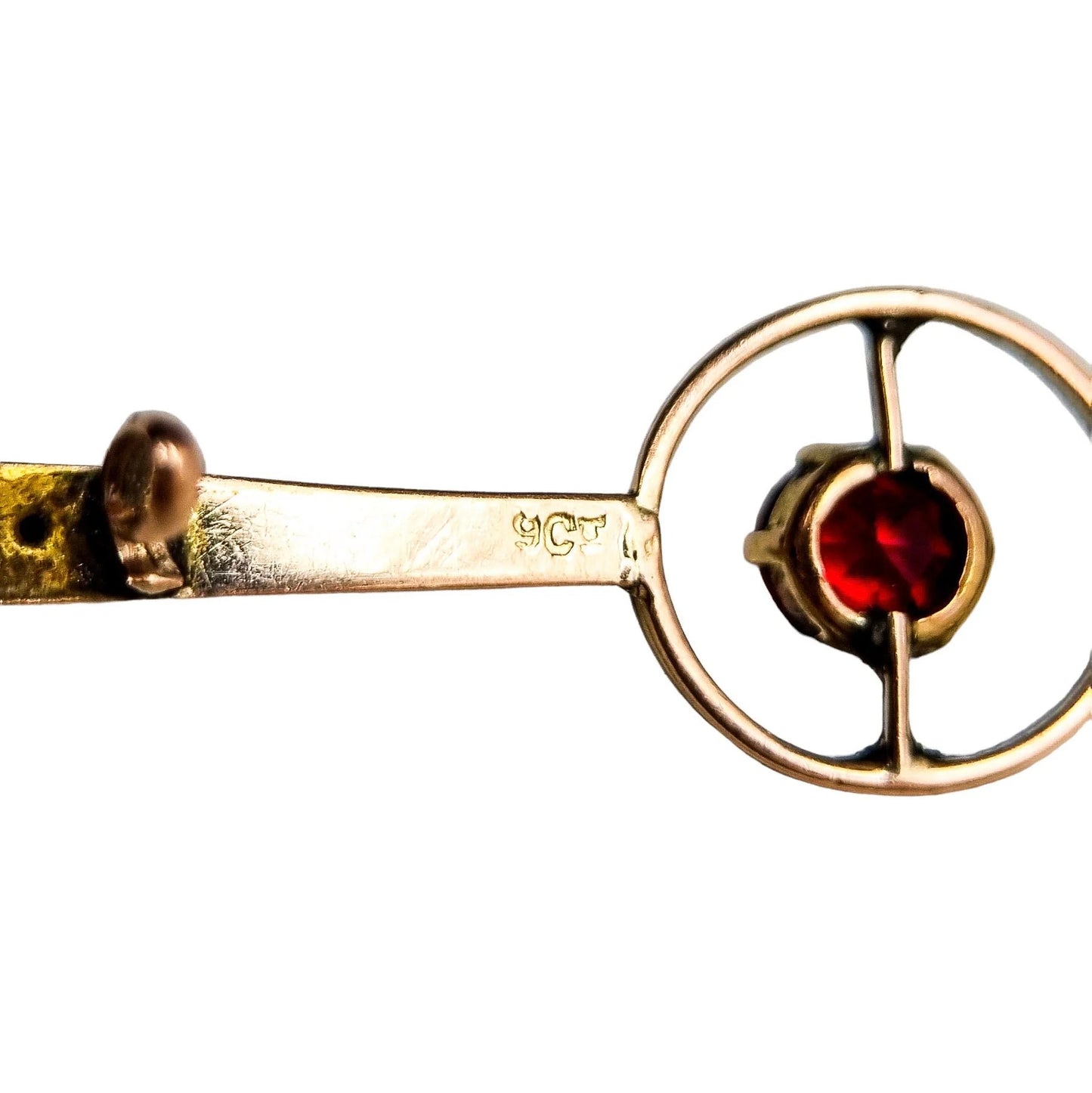 Victorian 9ct yellow gold ruby tie pin bar brooch, old European cut, C-clasp