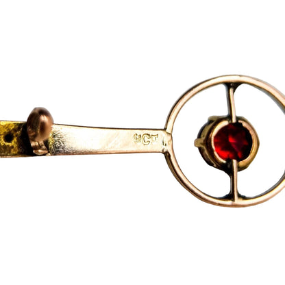 Victorian 9ct yellow gold ruby tie pin bar brooch, old European cut, C-clasp