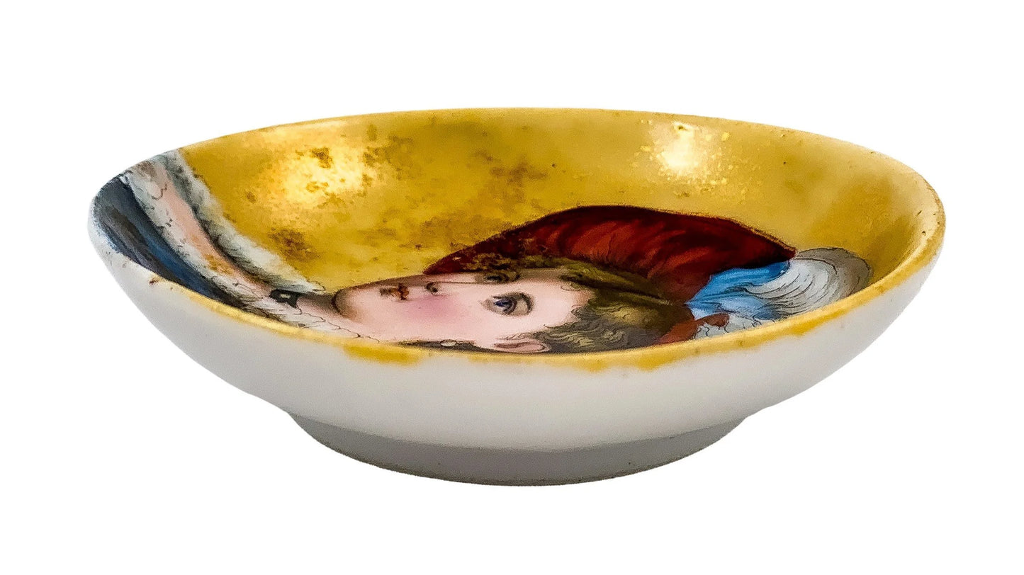 19th Century German Biedermeier KPM miniature porcelain bowl / trinket dish with portrait of lady in feather hat