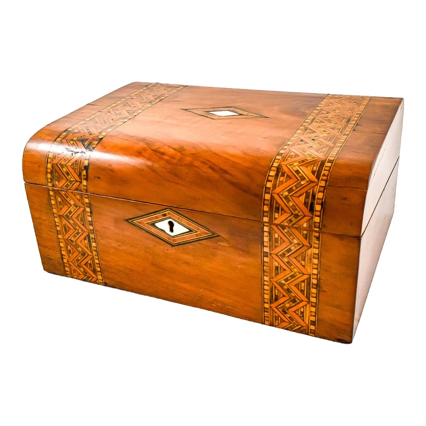 Georgian walnut Tunbridge Ware domed writing slope with mother-of-pearl cartouche and geometric marquetry
