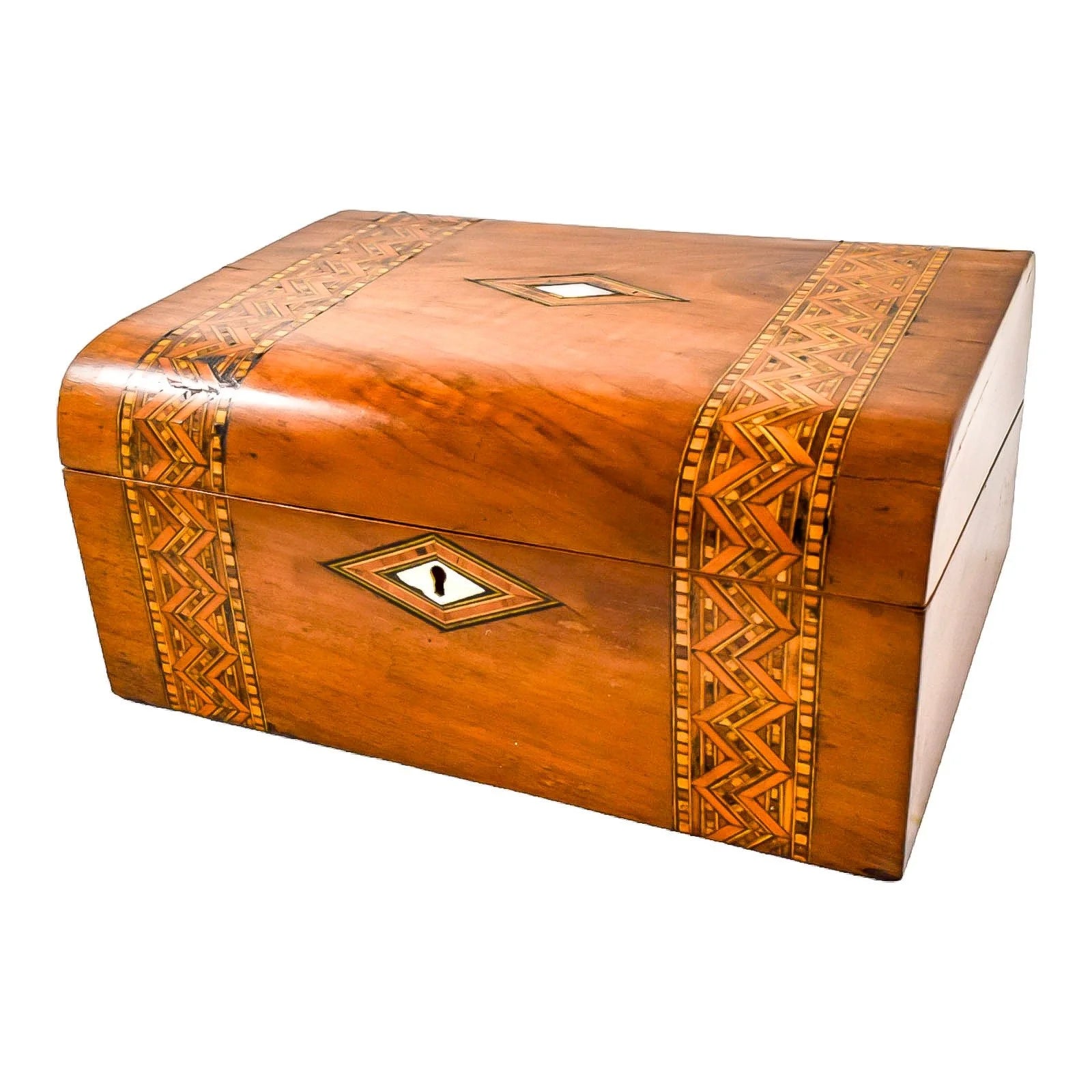 Georgian walnut Tunbridge Ware domed writing slope with mother-of-pearl cartouche and geometric marquetry