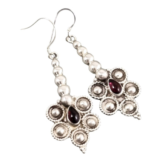 Vintage sterling silver garnet floral large beaded drop earrings, Capricorn / Aquarius January birthstone