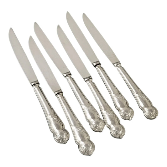Cased antique Mappin & Webb sterling silver set 6 fruit dessert knives, Art Nouveau foliate handles