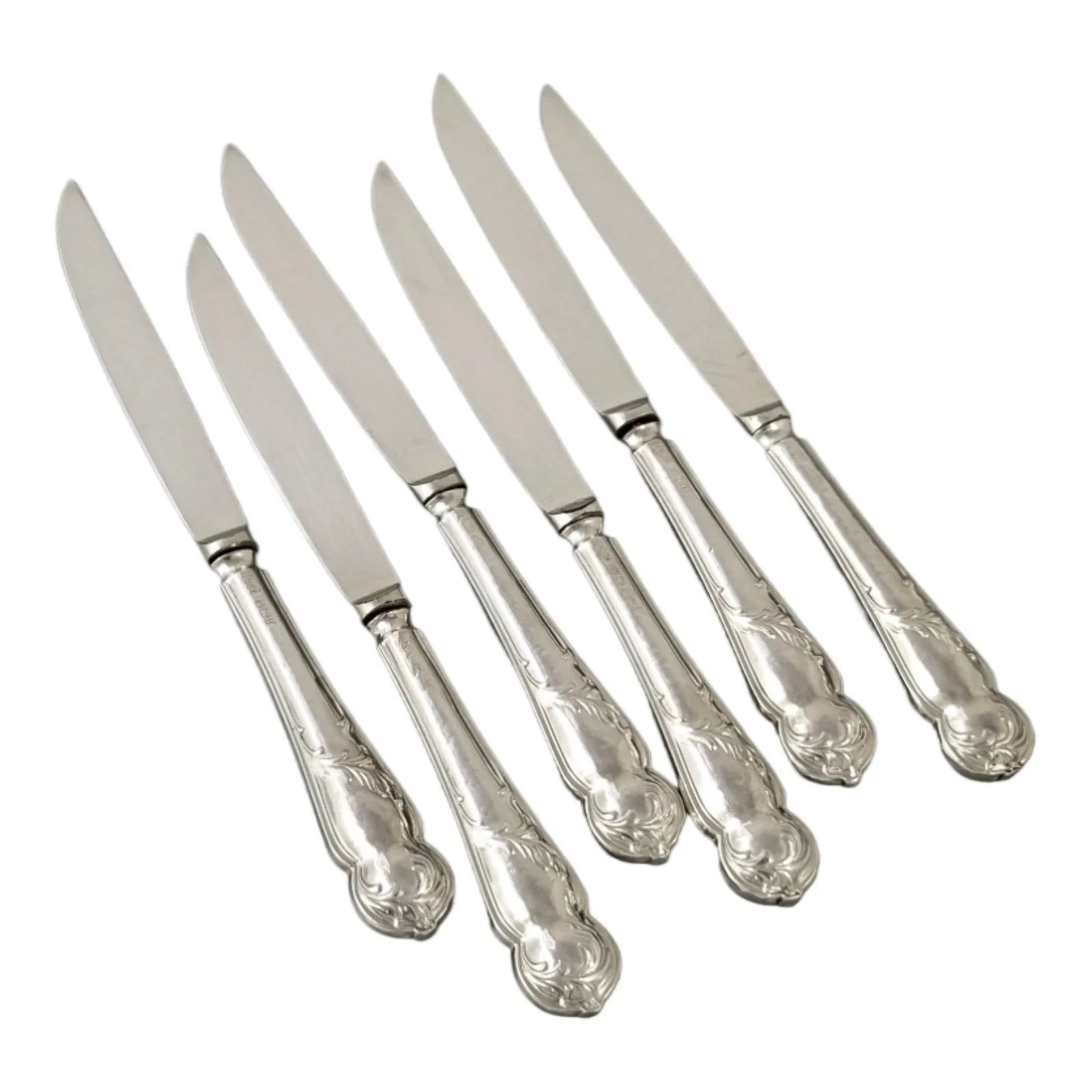 Cased antique Mappin & Webb sterling silver set 6 fruit dessert knives, Art Nouveau foliate handles