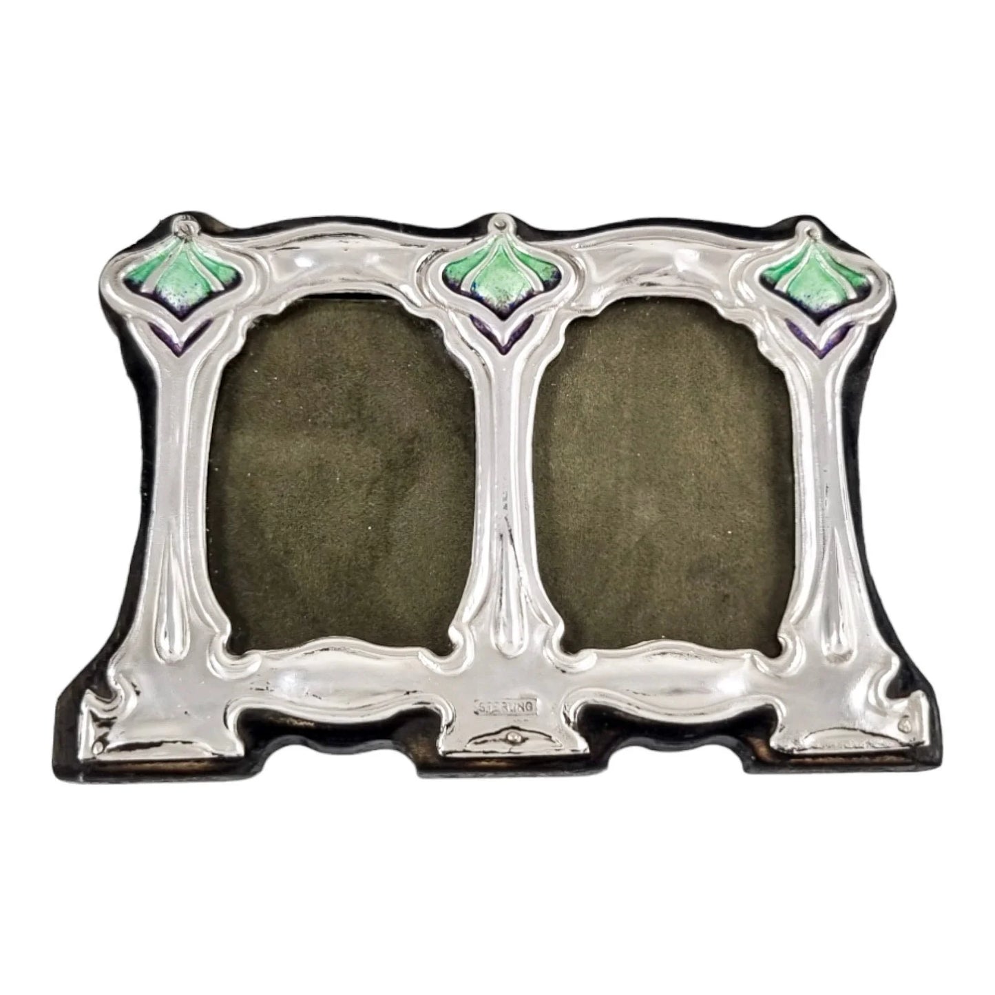 Miniature Art Nouveau / Arts & Crafts style sterling silver double photo frame in green and purple enamels