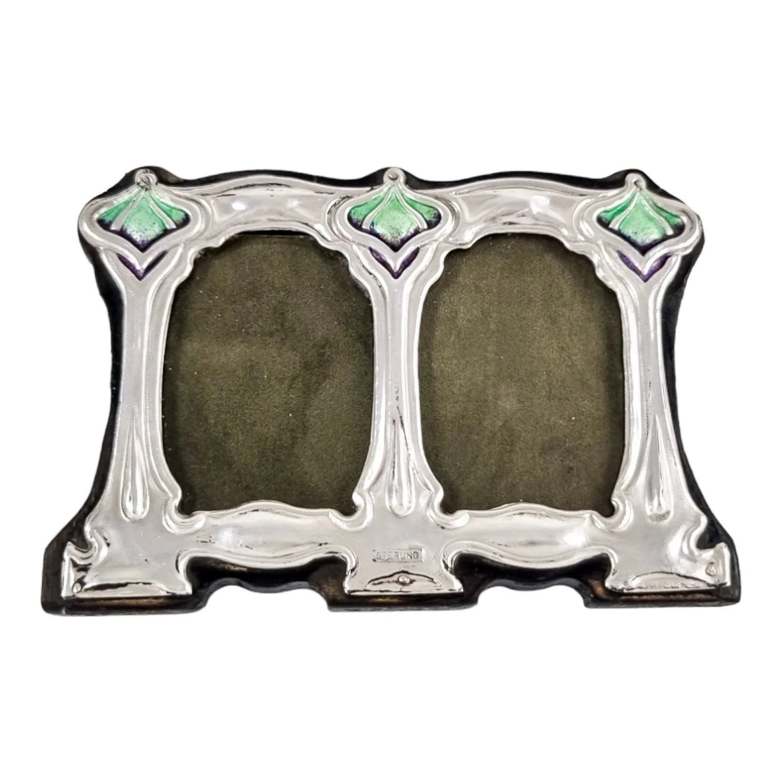 Miniature Art Nouveau / Arts & Crafts style sterling silver double photo frame in green and purple enamels