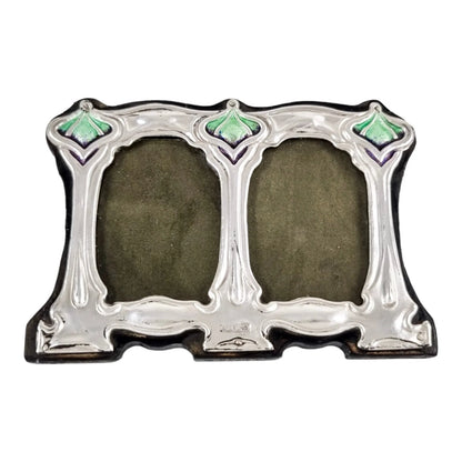 Miniature Art Nouveau / Arts & Crafts style sterling silver double photo frame in green and purple enamels