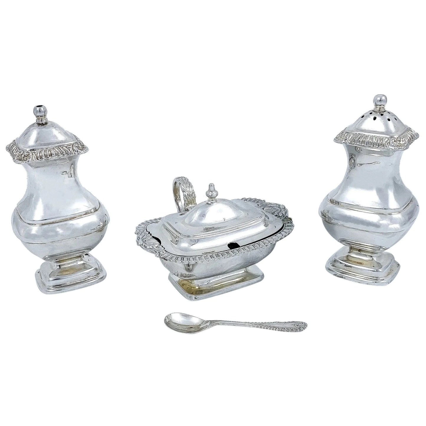 Vintage boxed Regency style four piece cruet set: mustard pot and spoon, salt and pepper shakers