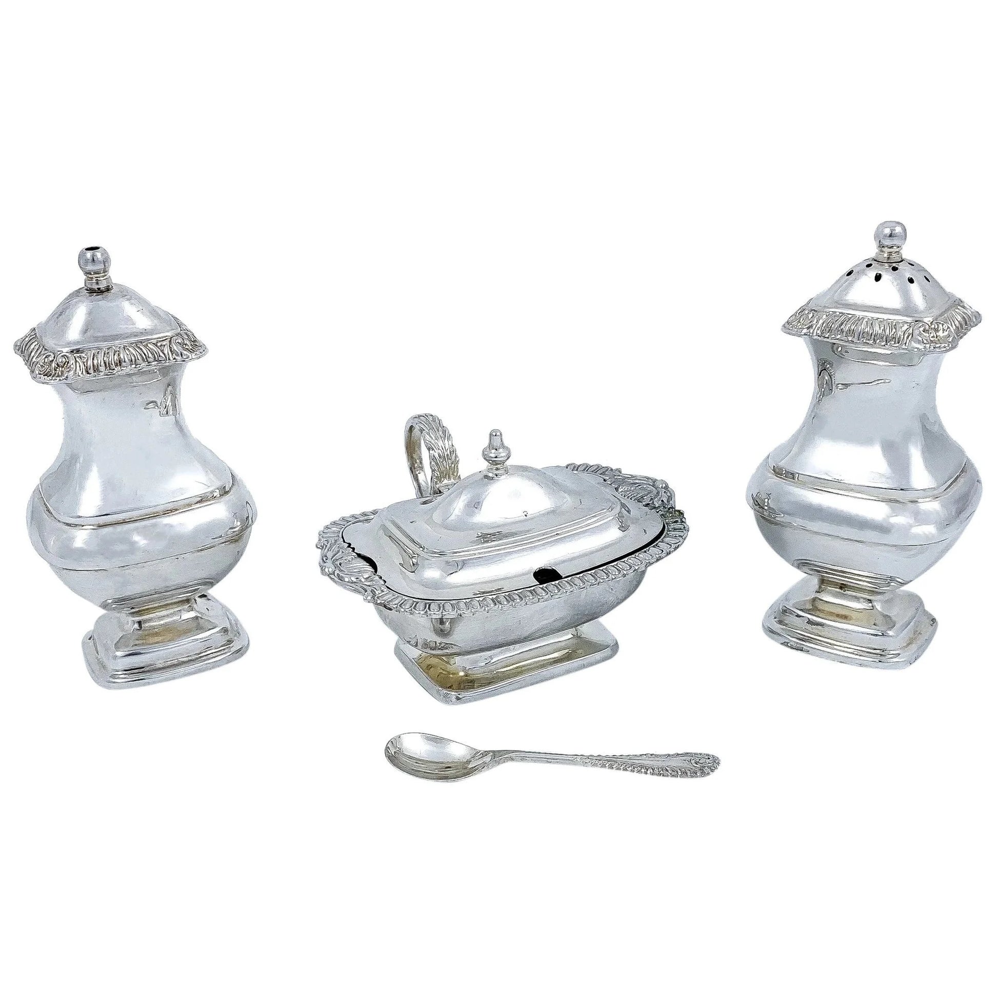 Vintage boxed Regency style four piece cruet set: mustard pot and spoon, salt and pepper shakers