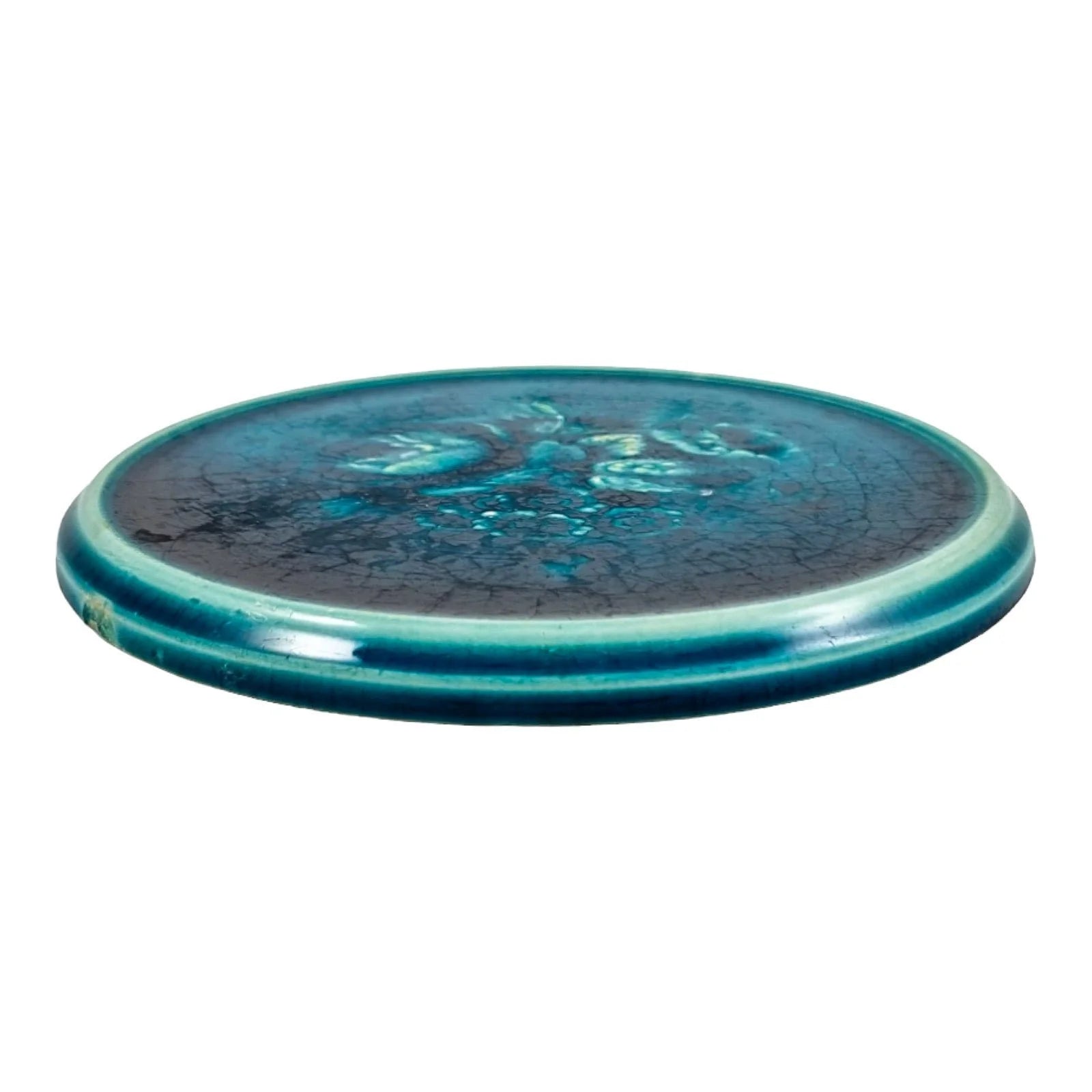 Victorian Minton & Hollins large turquoise teapot trivet / coaster decorated with a floral bouquet