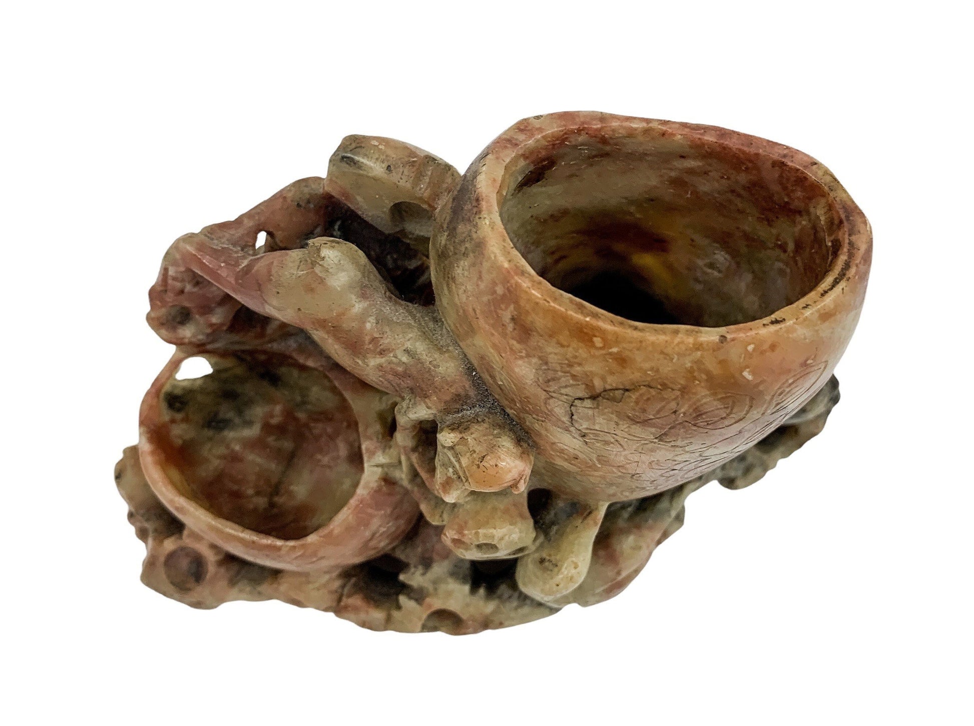 Chinese Republic soapstone calligraphy figural brush washer and brush pot with monkeys and bird figurine