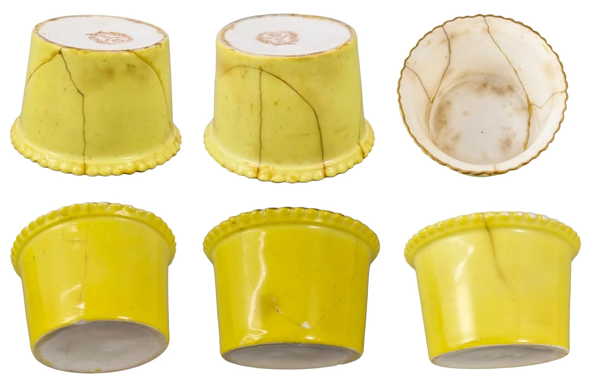 Cased set 6 Victorian porcelain demitasse coffee cups in sterling silver decorative holders, William Comyns