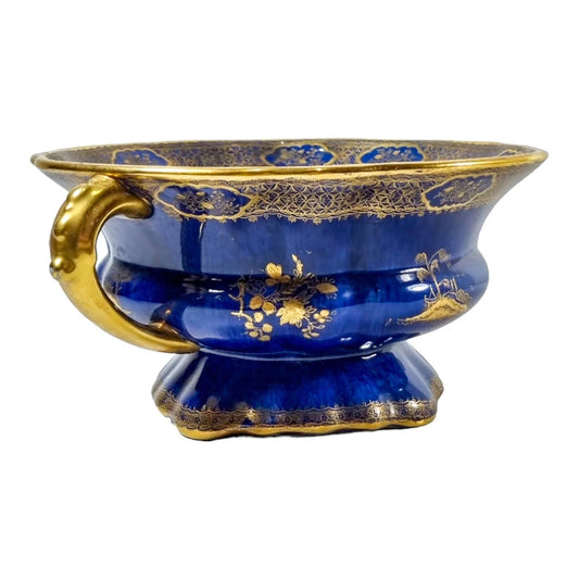 Art Deco Wilton Ware centrepiece two-handled bowl, AG Harley Jones gold and cobalt blue Chinoiserie 5008