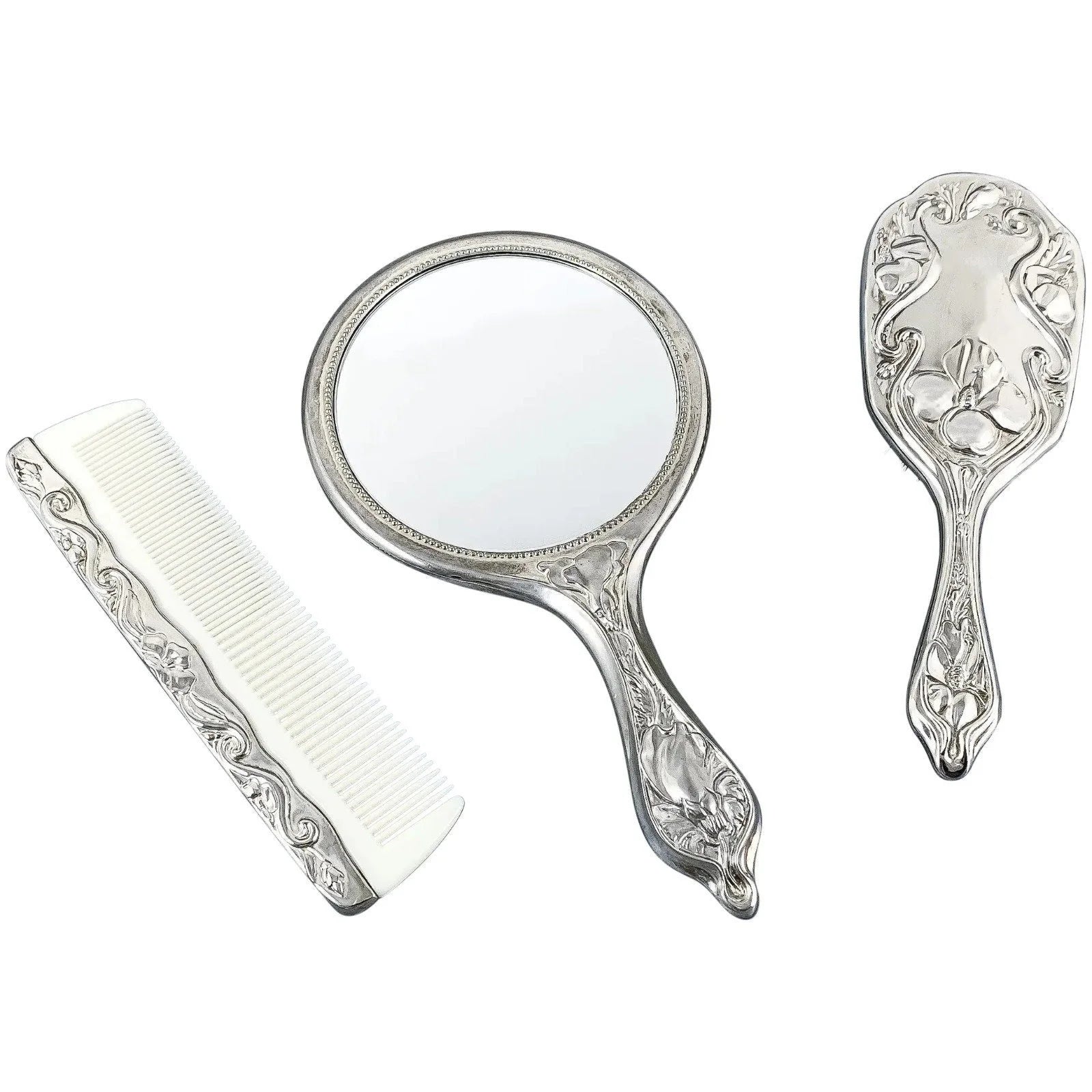 Vintage Marilyn Monroe silver plated 3 piece vanity dressing table set – Art Nouveau mirror, brush, comb