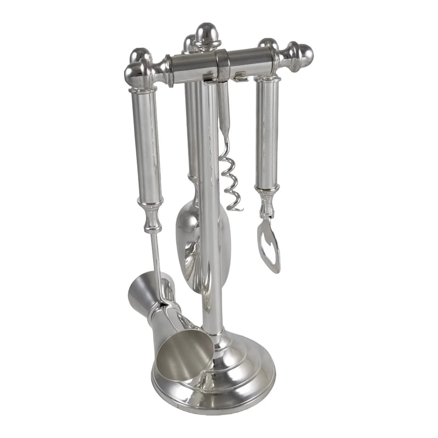 Silver plated bar accessory cocktail making set – corkscrew, double shot measure, ice scoop, bottle opener