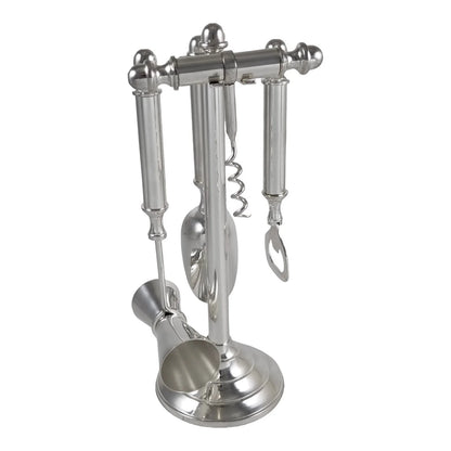 Silver plated bar accessory cocktail making set – corkscrew, double shot measure, ice scoop, bottle opener