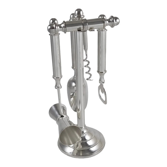 Silver plated bar accessory cocktail making set – corkscrew, double shot measure, ice scoop, bottle opener