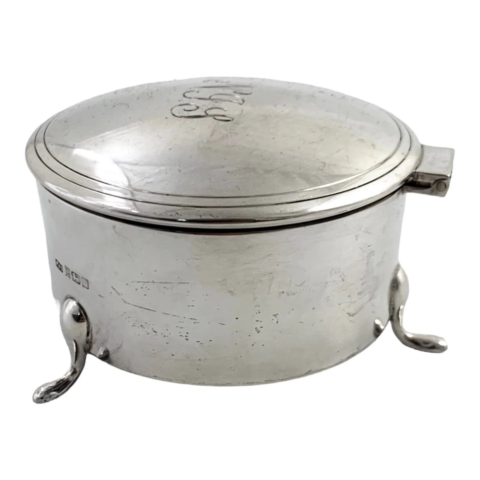 Large vintage sterling silver keepsake trinket toilet box, round body on hoof feet