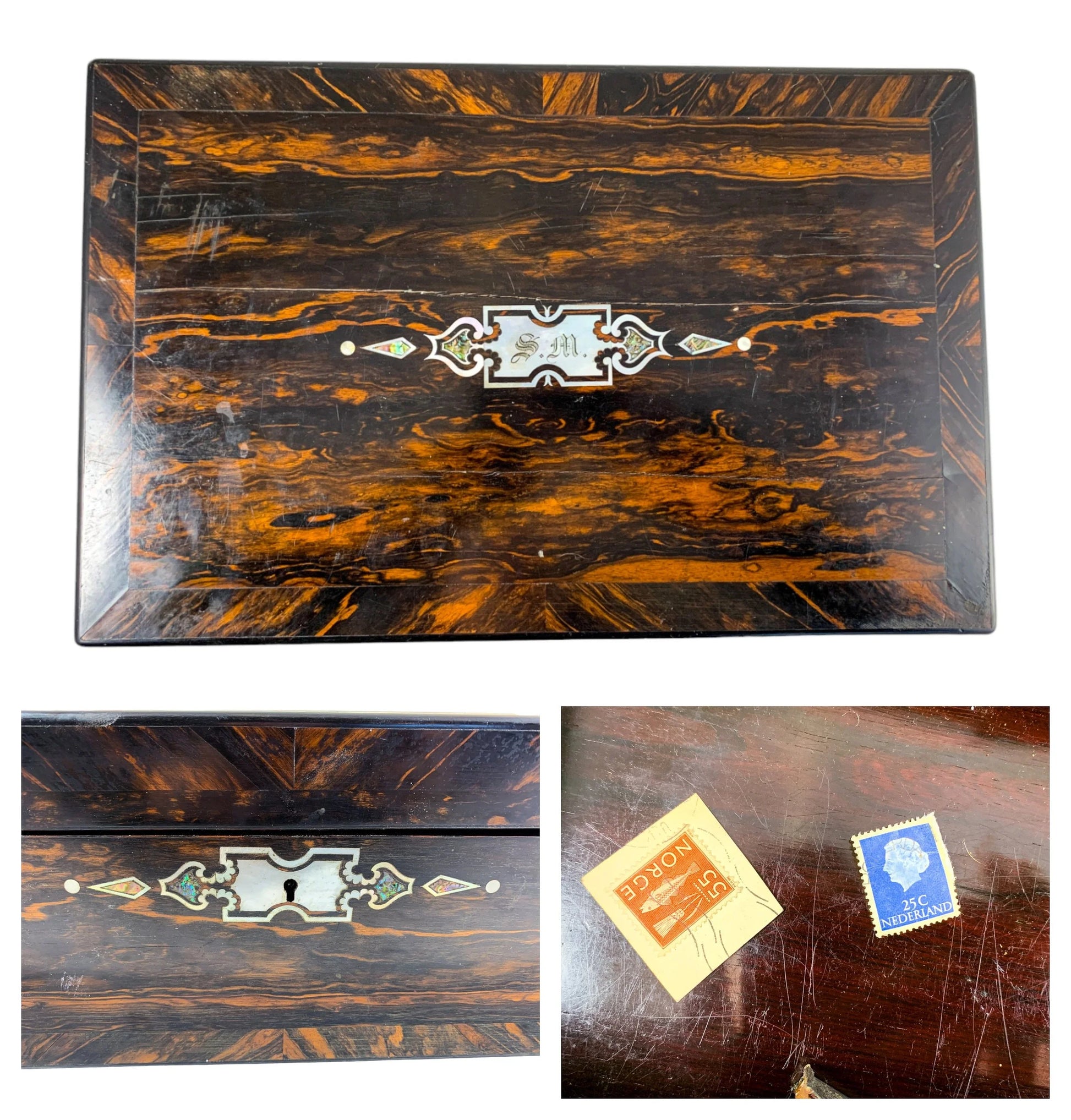 Victorian huge coromandel writing slope mother-of-pearl inlay, fitted handles