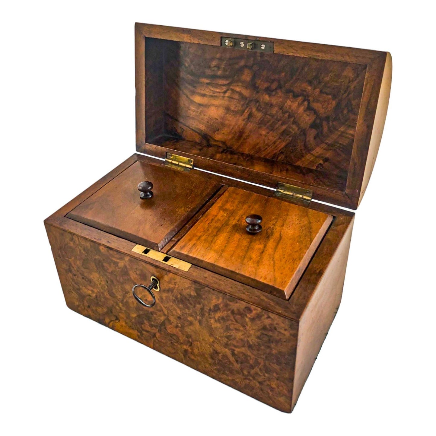 Victorian burr walnut two-section domed tea caddy with working key