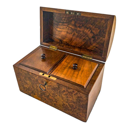 Victorian burr walnut two-section domed tea caddy with working key