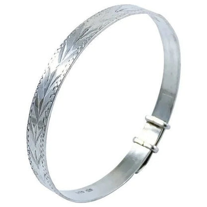 1970’s sterling silver child's adjustable "belt" bracelet with buckle detail and bright-cut leaf design