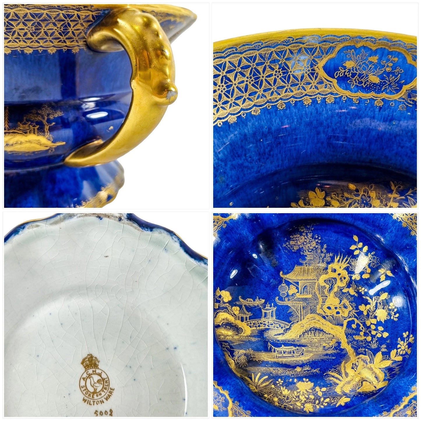 Art Deco Wilton Ware centrepiece two-handled bowl, AG Harley Jones gold and cobalt blue Chinoiserie 5008