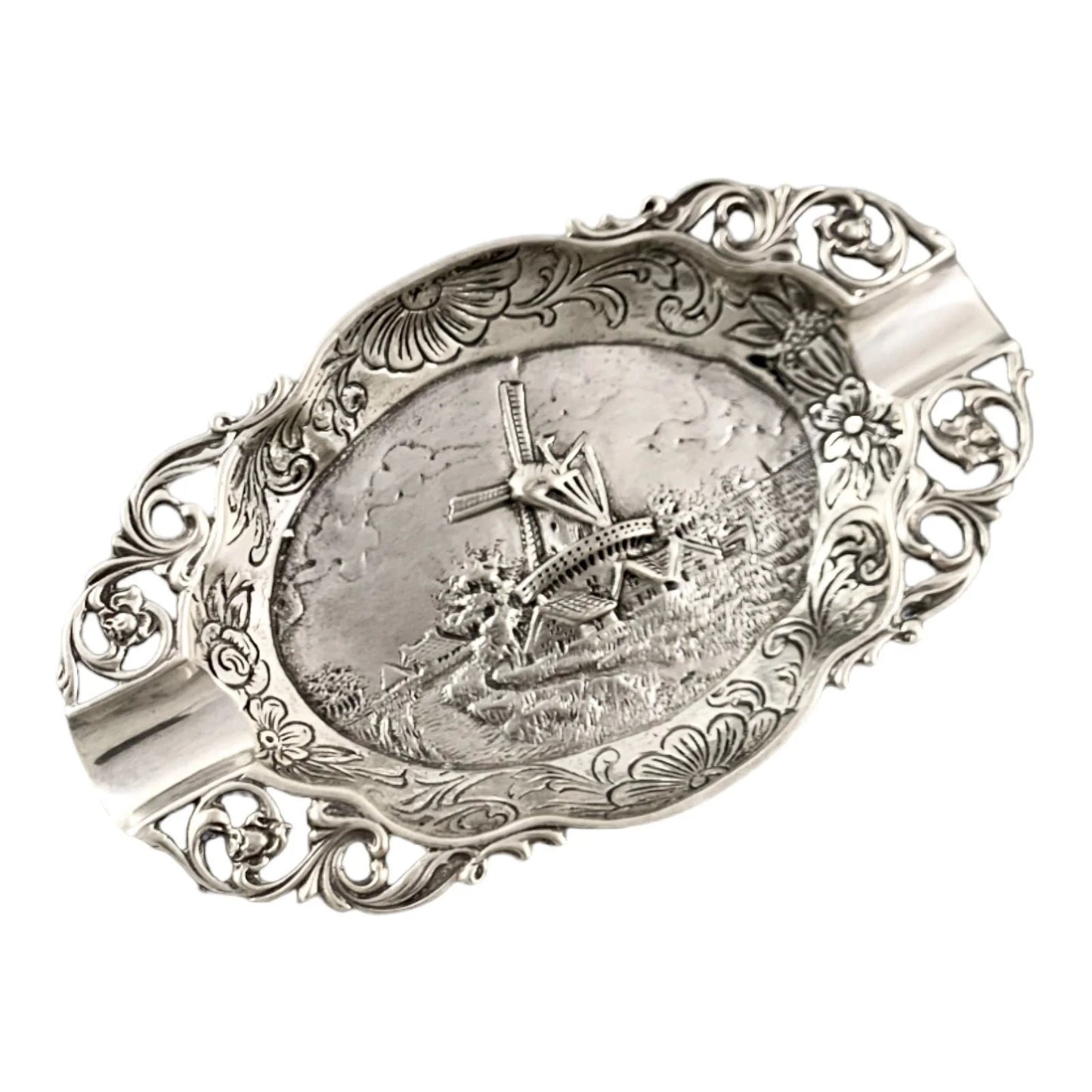 Vintage 1960’s Dutch solid silver 2-slot oval ashtray embossed with windmill landscape