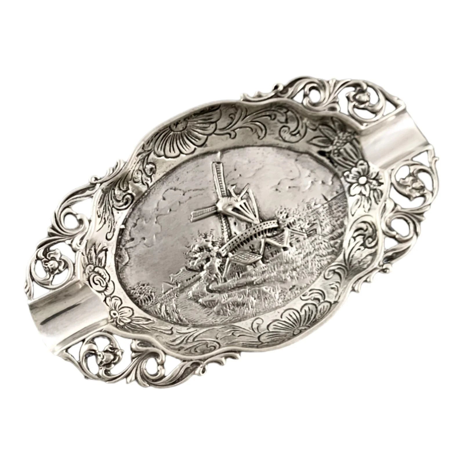 Vintage 1960’s Dutch solid silver 2-slot oval ashtray embossed with windmill landscape