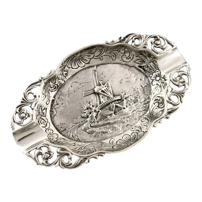 Vintage 1960’s Dutch solid silver 2-slot oval ashtray embossed with windmill landscape