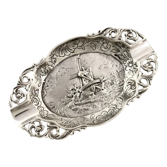Vintage 1960’s Dutch solid silver 2-slot oval ashtray embossed with windmill landscape