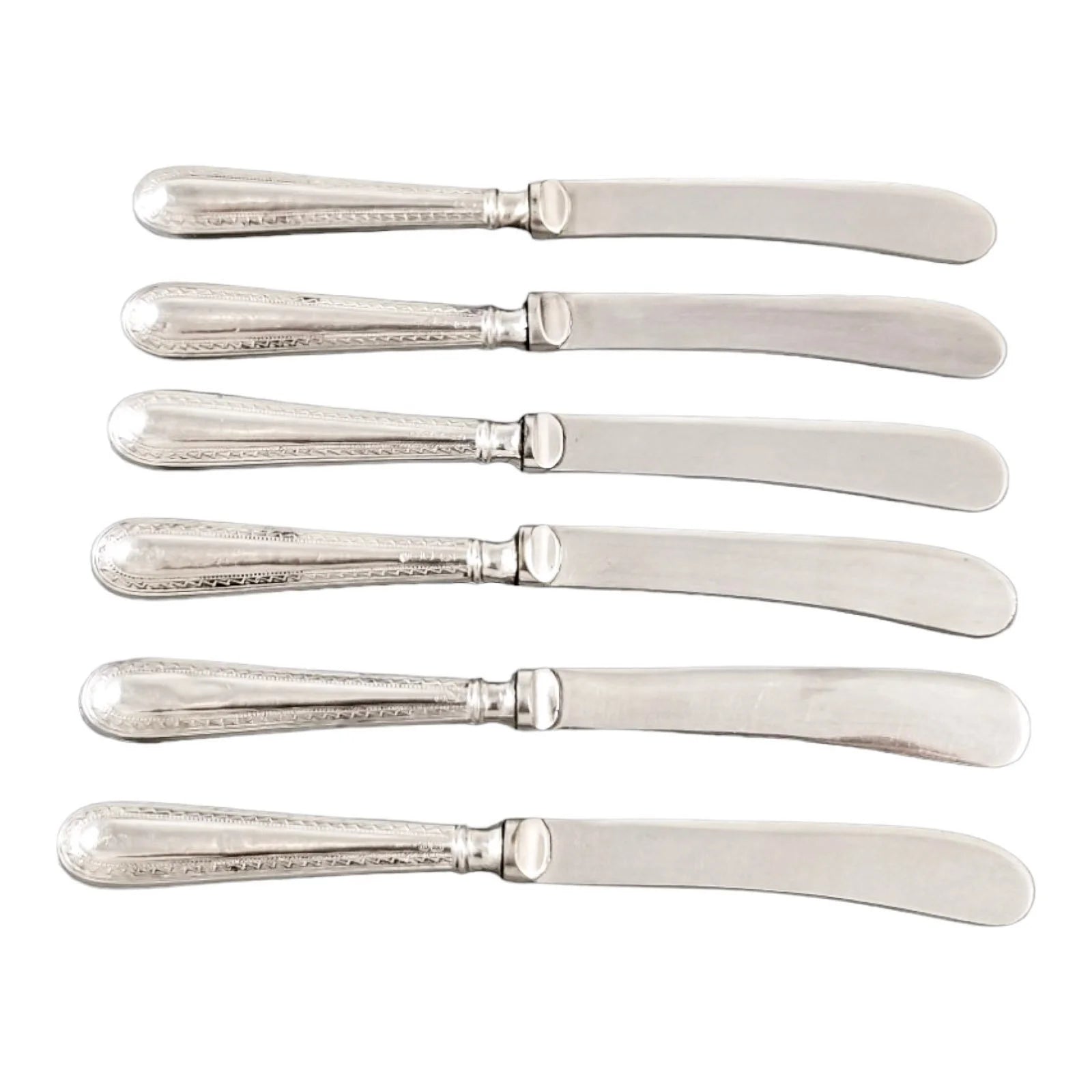 Art Deco sterling silver set 6 tea butter knives, geometric bands, cased, Yates Bros, 1932