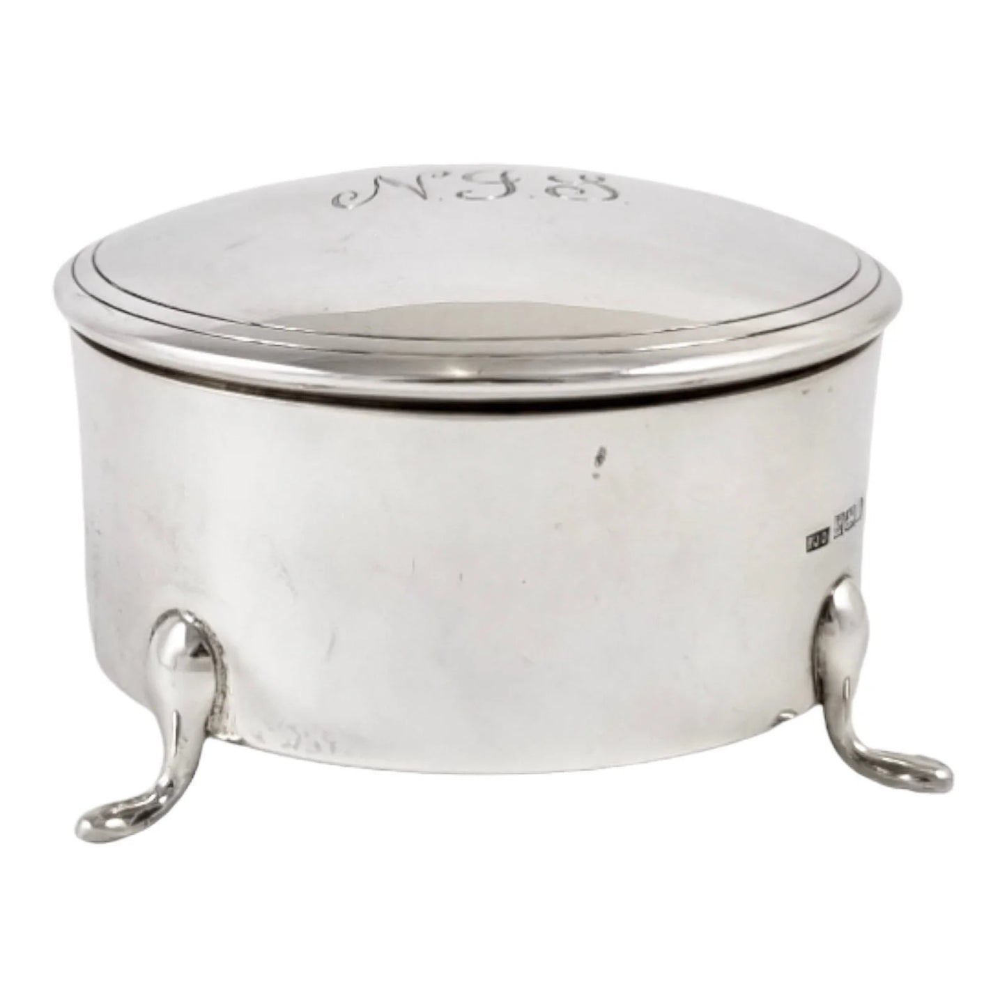 Large vintage sterling silver keepsake trinket toilet box, round body on hoof feet