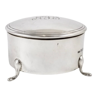 Large vintage sterling silver keepsake trinket toilet box, round body on hoof feet