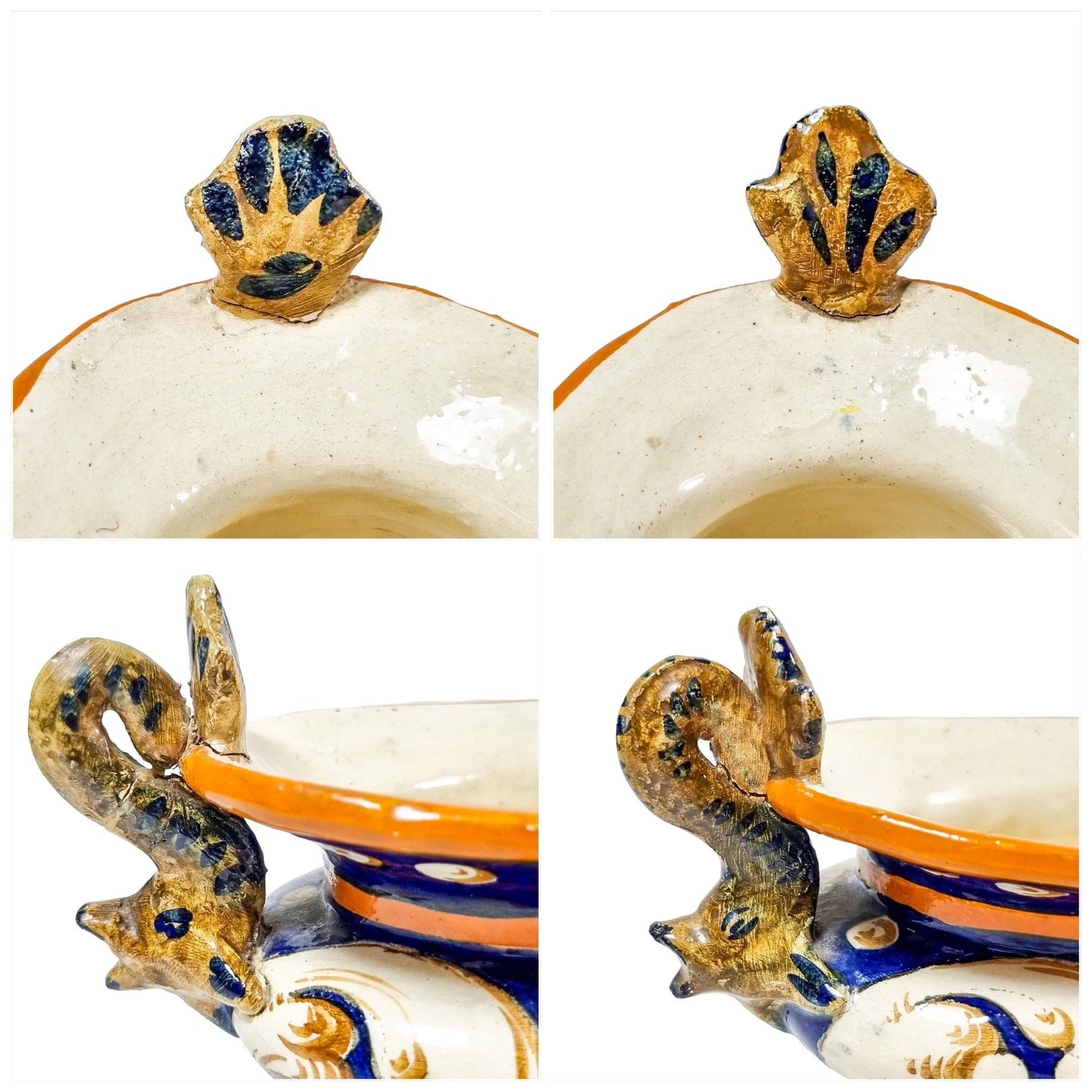 Antique Italian pottery majolica baluster bowl with Renaissance sea monster dolphin handles