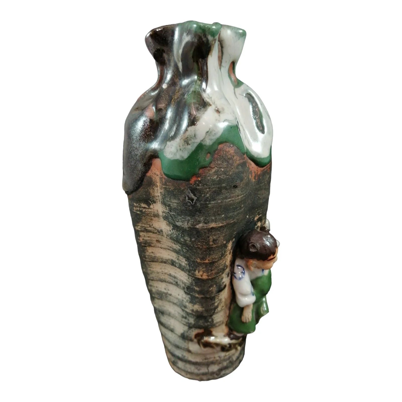 Meiji period Ishiguro Koko Sumidagawa flowing glaze vase with applied figure of a boy