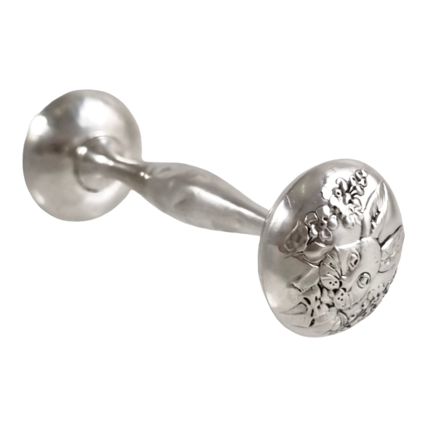 Webster sterling silver Peter Rabbit dumbbell baby rattle, Christening present, embossed flowers, Bunny art