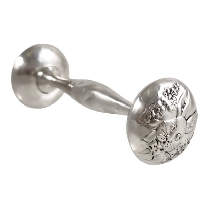 Webster sterling silver Peter Rabbit dumbbell baby rattle, Christening present, embossed flowers, Bunny art