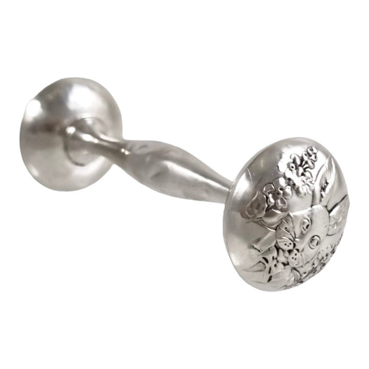 Webster sterling silver Peter Rabbit dumbbell baby rattle, Christening present, embossed flowers, Bunny art